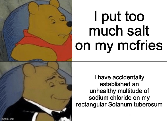 Very scientific | I put too much salt on my mcfries; I have accidentally established an unhealthy multitude of sodium chloride on my rectangular Solanum tuberosum | image tagged in memes,tuxedo winnie the pooh,accurate,scientific | made w/ Imgflip meme maker