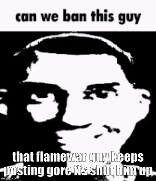 pls | that flamewar guy keeps posting gore ffs shut him up | image tagged in can we ban this guy | made w/ Imgflip meme maker