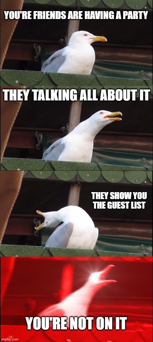 who does this happen to? | YOU'RE FRIENDS ARE HAVING A PARTY; THEY TALKING ALL ABOUT IT; THEY SHOW YOU THE GUEST LIST; YOU'RE NOT ON IT | image tagged in memes,inhaling seagull,skellodude88 | made w/ Imgflip meme maker