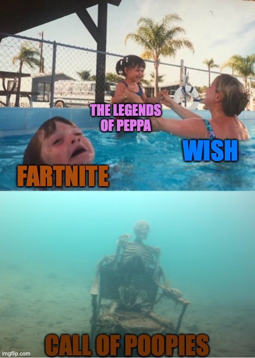 wish's best games be like: | THE LEGENDS OF PEPPA; WISH; FARTNITE; CALL OF POOPIES | image tagged in swimming pool kids | made w/ Imgflip meme maker