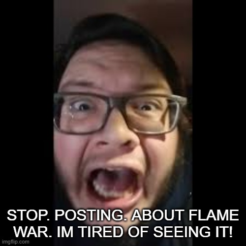 . | STOP. POSTING. ABOUT FLAME WAR. IM TIRED OF SEEING IT! | image tagged in stop posting about among us | made w/ Imgflip meme maker