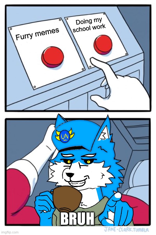 Two Buttons | Doing my school work; Furry memes; BRUH | image tagged in memes,two buttons | made w/ Imgflip meme maker