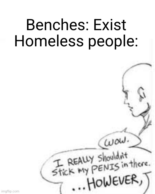 haha reposted | Benches: Exist
Homeless people: | image tagged in wow i really shouldn't stick my-,flick7,homeless,funny,uh oh,dark humor | made w/ Imgflip meme maker