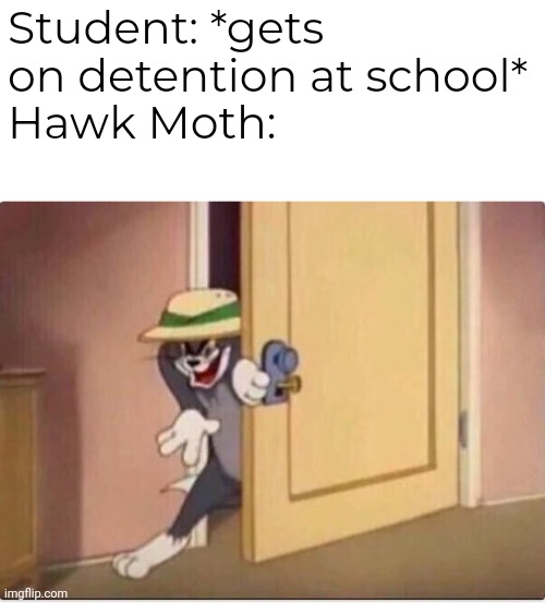 TOM SNEAKING IN A ROOM | Student: *gets on detention at school*
Hawk Moth: | image tagged in tom sneaking in a room,miraculous ladybug | made w/ Imgflip meme maker