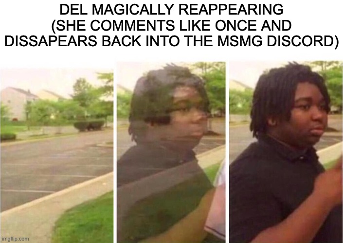 MSMG Slander #3 | DEL MAGICALLY REAPPEARING (SHE COMMENTS LIKE ONCE AND DISSAPEARS BACK INTO THE MSMG DISCORD) | image tagged in visibility | made w/ Imgflip meme maker