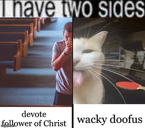 i have two sides blank | wacky doofus; devote follower of Christ | image tagged in i have two sides blank | made w/ Imgflip meme maker