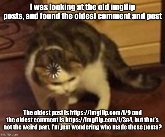 Old imgflip mysteries part 2 (I bet that the site mods could find out who made it | I was looking at the old imgflip posts, and found the oldest comment and post; The oldest post is https://imgflip.com/i/9 and the oldest comment is https://imgflip.com/i/3a4, but that’s not the weird part, I’m just wondering who made these posts? | image tagged in loading cat | made w/ Imgflip meme maker