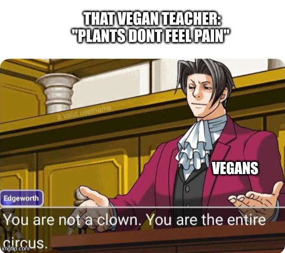 You are not a clown. You are the entire circus. | THAT VEGAN TEACHER: "PLANTS DONT FEEL PAIN"; VEGANS | image tagged in you are not a clown you are the entire circus | made w/ Imgflip meme maker