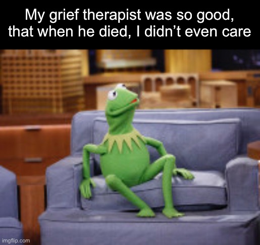 He didn’t charge that much either | My grief therapist was so good, that when he died, I didn’t even care | image tagged in kermit sitting on the couch,therapist,grief,death | made w/ Imgflip meme maker