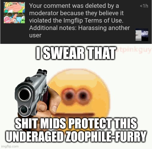 shit mids:skull: | I SWEAR THAT; SHIT MIDS PROTECT THIS UNDERAGED ZOOPHILE-FURRY | image tagged in cursed emoji pointing gun,shit mids,site mids,site mods,anti zoophile,anti-zoophile | made w/ Imgflip meme maker