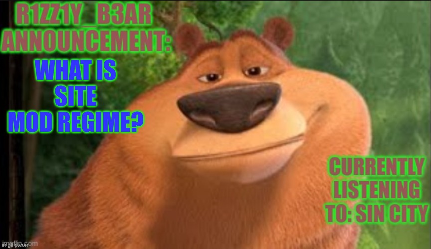 Rizzly bear meme template | WHAT IS SITE MOD REGIME? | image tagged in rizzly bear meme template | made w/ Imgflip meme maker