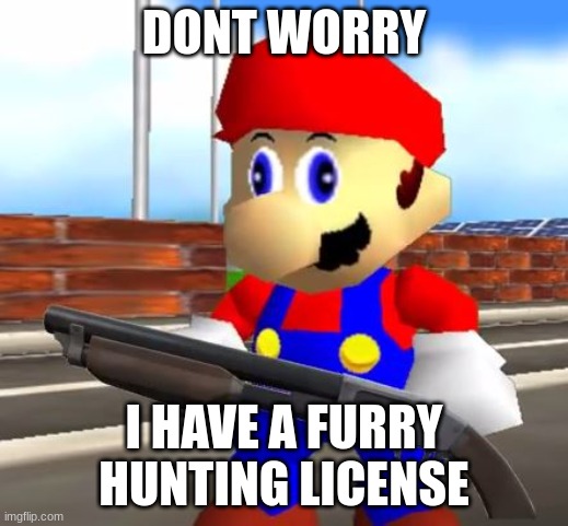 mario's a comin for all u furrys | DONT WORRY; I HAVE A FURRY HUNTING LICENSE | image tagged in smg4 shotgun mario | made w/ Imgflip meme maker