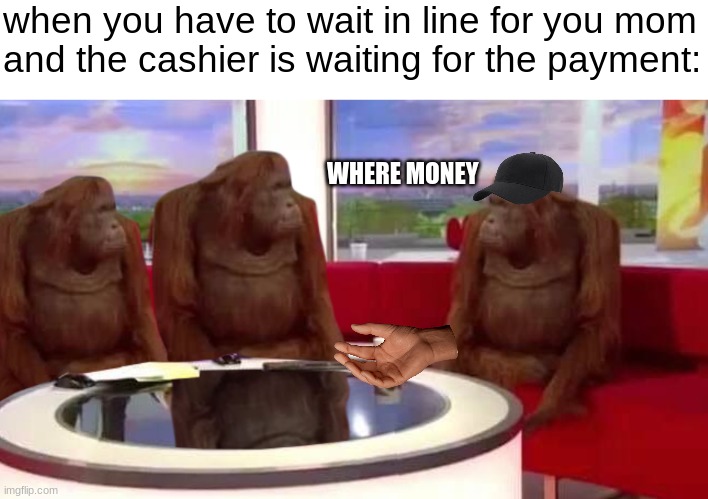 My mom has it I swear ;-; | when you have to wait in line for you mom
and the cashier is waiting for the payment:; WHERE MONEY | image tagged in where monkey,relatable,grocery store,funny | made w/ Imgflip meme maker