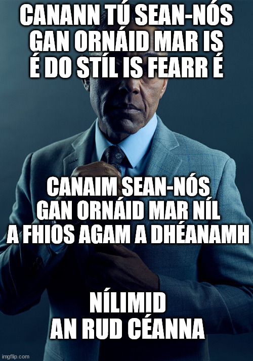 Gus Fring we are not the same | CANANN TÚ SEAN-NÓS GAN ORNÁID MAR IS É DO STÍL IS FEARR É; CANAIM SEAN-NÓS GAN ORNÁID MAR NÍL A FHIOS AGAM A DHÉANAMH; NÍLIMID AN RUD CÉANNA | image tagged in gus fring we are not the same,MemesAsGaeilge | made w/ Imgflip meme maker