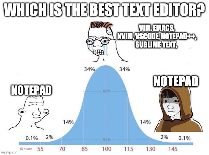 Vim vs Emacs | WHICH IS THE BEST TEXT EDITOR? VIM, EMACS, NVIM, VSCODE, NOTEPAD++, SUBLIME TEXT, NOTEPAD; NOTEPAD | image tagged in bell curve,text editor,vim,emacs,notepad | made w/ Imgflip meme maker