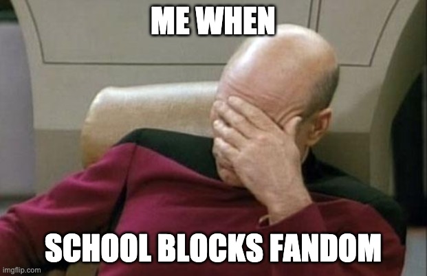 but they somehow dont block reddit (not complaining lmao) | ME WHEN; SCHOOL BLOCKS FANDOM | image tagged in memes,captain picard facepalm,fandom,school,funny | made w/ Imgflip meme maker