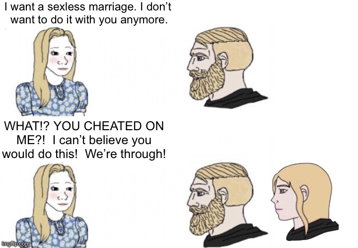 I want a sexless marriage. I don’t 
want to do it with you anymore. WHAT!? YOU CHEATED ON ME?!  I can’t believe you would do this!  We’re through! | image tagged in blank white template | made w/ Imgflip meme maker