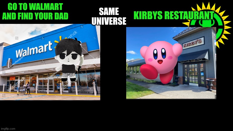 Game Theory Thumbnail | SAME UNIVERSE; KIRBYS RESTAURANT; GO TO WALMART AND FIND YOUR DAD | image tagged in game theory thumbnail | made w/ Imgflip meme maker