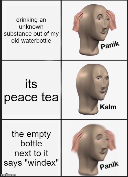 Panik Kalm Panik | drinking an unknown substance out of my old waterbottle; its peace tea; the empty bottle next to it says "windex" | image tagged in memes,panik kalm panik | made w/ Imgflip meme maker