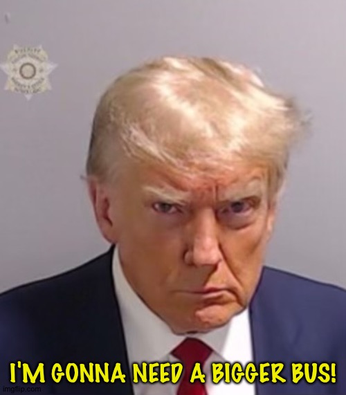 Donald Trump Mugshot | I'M GONNA NEED A BIGGER BUS! | image tagged in donald trump mugshot | made w/ Imgflip meme maker