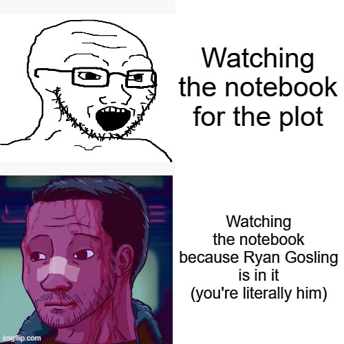 Drake Hotline Bling Meme | Watching the notebook for the plot; Watching the notebook because Ryan Gosling is in it (you're literally him) | image tagged in memes,ryan gosling | made w/ Imgflip meme maker