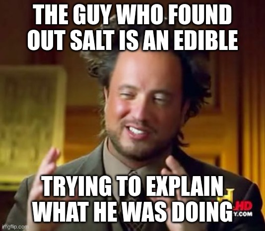 how do we even know about salt? | THE GUY WHO FOUND OUT SALT IS AN EDIBLE; TRYING TO EXPLAIN WHAT HE WAS DOING | image tagged in memes,ancient aliens | made w/ Imgflip meme maker