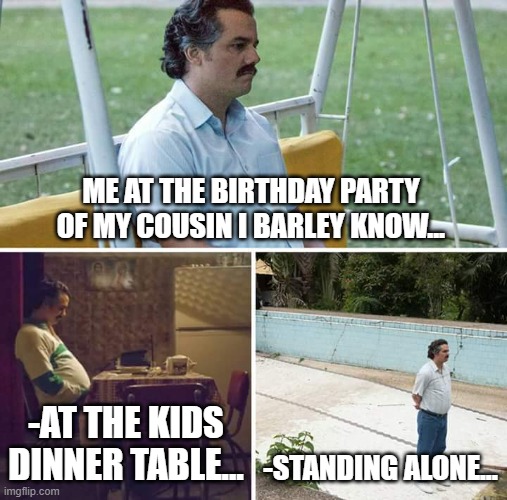 Who Else can relate? | ME AT THE BIRTHDAY PARTY OF MY COUSIN I BARLEY KNOW... -AT THE KIDS DINNER TABLE... -STANDING ALONE... | image tagged in memes | made w/ Imgflip meme maker