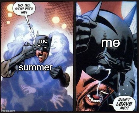 Batman don't leave me | me; me; summer | image tagged in batman don't leave me,memes,funny,so true memes,school | made w/ Imgflip meme maker