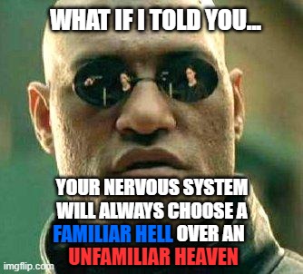 Familiar Hell Unfamiliar Heaven | WHAT IF I TOLD YOU... YOUR NERVOUS SYSTEM WILL ALWAYS CHOOSE A; FAMILIAR HELL; OVER AN; UNFAMILIAR HEAVEN | image tagged in what if i told you | made w/ Imgflip meme maker