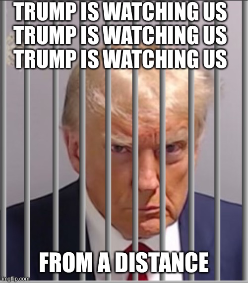 Apologies to Bette Midler | TRUMP IS WATCHING US
TRUMP IS WATCHING US
TRUMP IS WATCHING US; FROM A DISTANCE | image tagged in memes,donald trump,jail | made w/ Imgflip meme maker