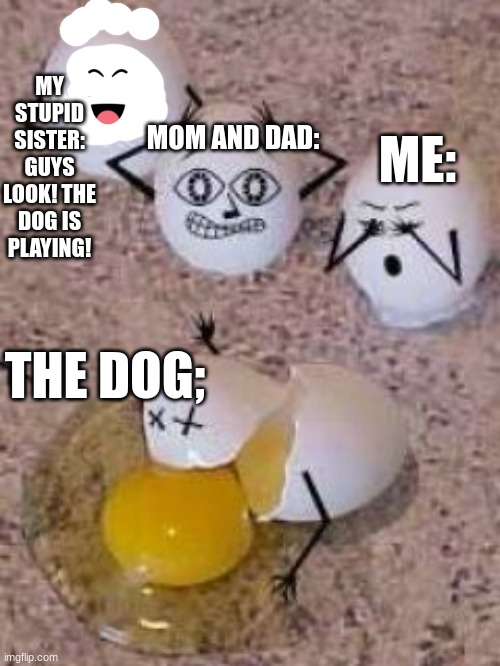 MY STUPID SISTER: GUYS LOOK! THE DOG IS PLAYING! ME:; MOM AND DAD:; THE DOG; | made w/ Imgflip meme maker