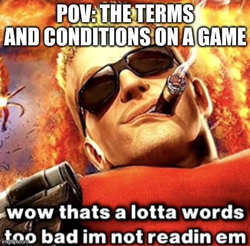 Who actually reads them | POV: THE TERMS AND CONDITIONS ON A GAME | image tagged in that's a lotta words | made w/ Imgflip meme maker