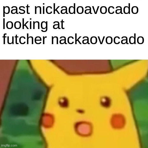 Surprised Pikachu Meme | past nickadoavocado looking at futcher nackaovocado | image tagged in memes,surprised pikachu | made w/ Imgflip meme maker