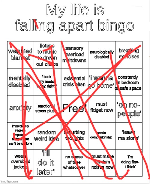 help me | image tagged in my life is falling apart bingo | made w/ Imgflip meme maker