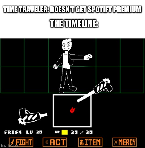 Fr fr | TIME TRAVELER: DOESN'T GET SPOTIFY PREMIUM; THE TIMELINE: | made w/ Imgflip meme maker