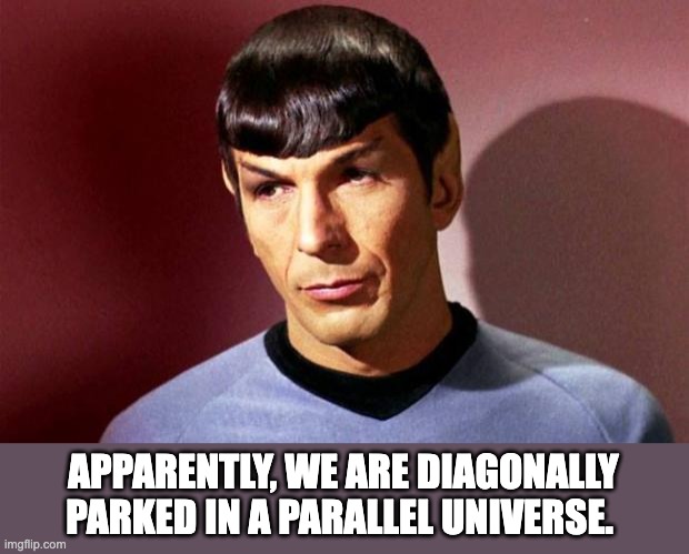 Spock to Kirk | APPARENTLY, WE ARE DIAGONALLY PARKED IN A PARALLEL UNIVERSE. | image tagged in sassy spock | made w/ Imgflip meme maker