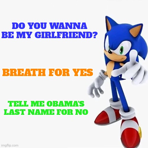 I don't deserve a girlfriend, so Obama's last name is Barack (or Hussein idk I'm not american) | DO YOU WANNA BE MY GIRLFRIEND? BREATH FOR YES; TELL ME OBAMA'S LAST NAME FOR NO | image tagged in sonic says,sonic the hedgehog,memes | made w/ Imgflip meme maker