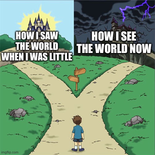 Image Title | HOW I SEE THE WORLD NOW; HOW I SAW THE WORLD WHEN I WAS LITTLE | image tagged in two paths,life,stop reading the tags,stop reading these tags | made w/ Imgflip meme maker