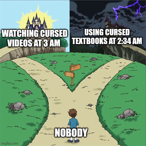 Cursed textbooks | USING CURSED TEXTBOOKS AT 2:34 AM; WATCHING CURSED VIDEOS AT 3 AM; NOBODY | image tagged in two paths | made w/ Imgflip meme maker