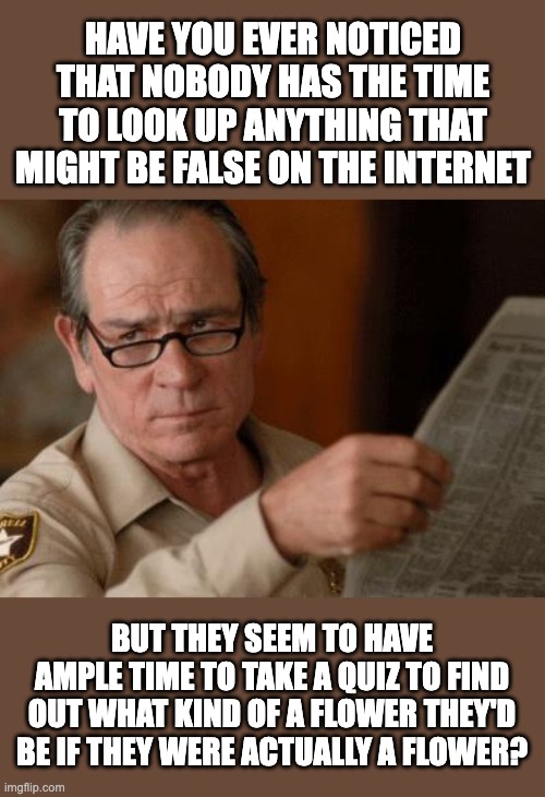 Truth | HAVE YOU EVER NOTICED THAT NOBODY HAS THE TIME TO LOOK UP ANYTHING THAT MIGHT BE FALSE ON THE INTERNET; BUT THEY SEEM TO HAVE AMPLE TIME TO TAKE A QUIZ TO FIND OUT WHAT KIND OF A FLOWER THEY'D BE IF THEY WERE ACTUALLY A FLOWER? | image tagged in tommy lee jones | made w/ Imgflip meme maker