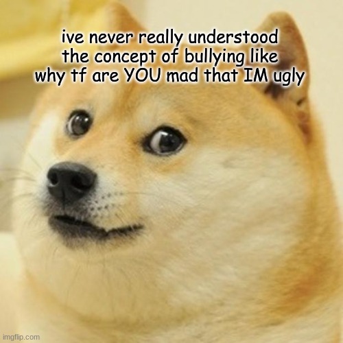 Doge | ive never really understood the concept of bullying like why tf are YOU mad that IM ugly | image tagged in memes,doge | made w/ Imgflip meme maker