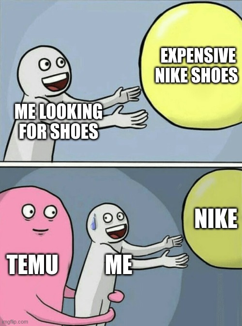 Running Away Balloon | EXPENSIVE NIKE SHOES; ME LOOKING FOR SHOES; NIKE; TEMU; ME | image tagged in memes,running away balloon | made w/ Imgflip meme maker