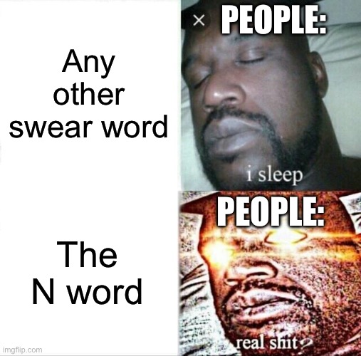 You can’t tell me I’m wrong… | Any other swear word; PEOPLE:; PEOPLE:; The N word | image tagged in memes,sleeping shaq,n word,society,funny | made w/ Imgflip meme maker
