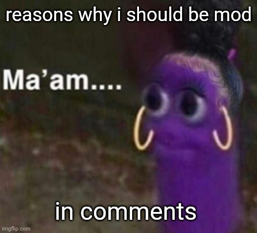 maam | reasons why i should be mod; in comments | image tagged in maam | made w/ Imgflip meme maker