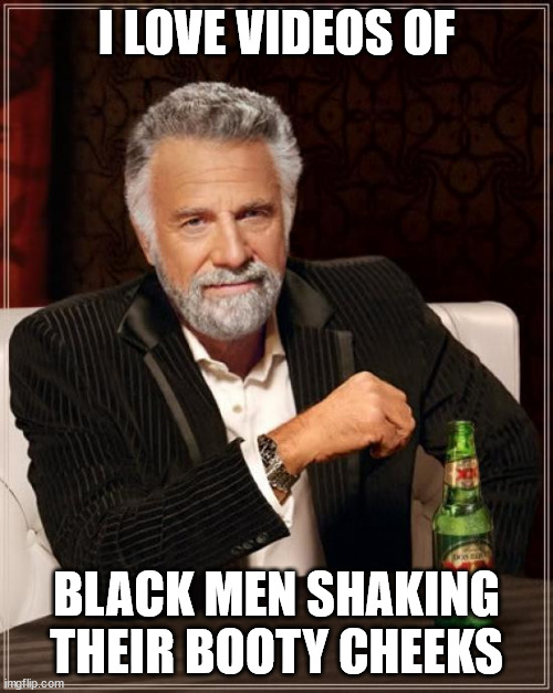 Me too | I LOVE VIDEOS OF; BLACK MEN SHAKING THEIR BOOTY CHEEKS | image tagged in memes,the most interesting man in the world | made w/ Imgflip meme maker