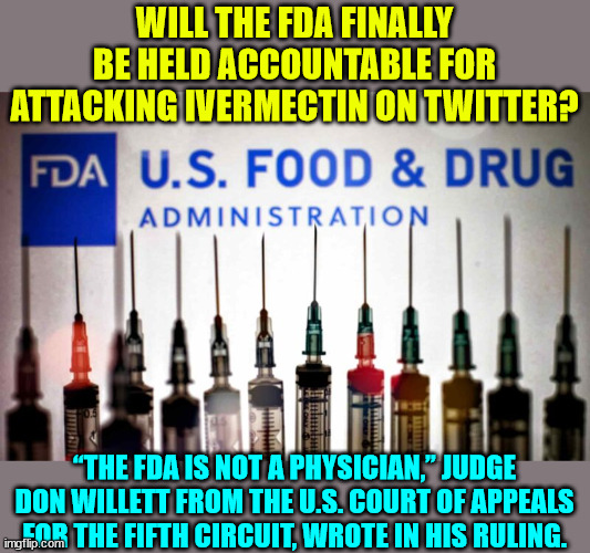 An appeals court judge just ruled that the doctor plaintiffs behind the suit can proceed with their case against the FDA | WILL THE FDA FINALLY BE HELD ACCOUNTABLE FOR ATTACKING IVERMECTIN ON TWITTER? “THE FDA IS NOT A PHYSICIAN,” JUDGE DON WILLETT FROM THE U.S. COURT OF APPEALS FOR THE FIFTH CIRCUIT, WROTE IN HIS RULING. | image tagged in covid,truth,lying,government | made w/ Imgflip meme maker
