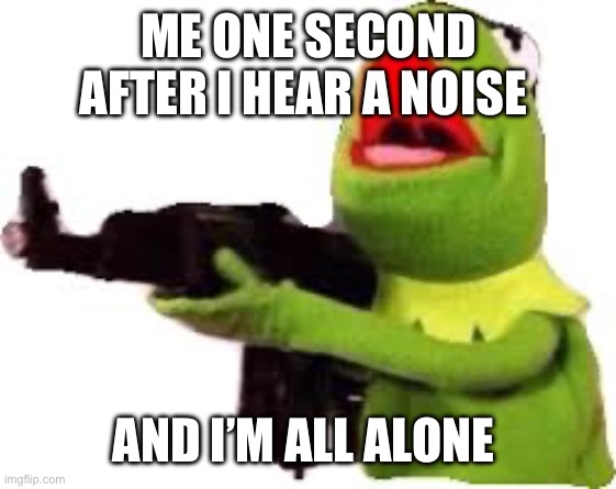 Comment if this has happened to you | ME ONE SECOND AFTER I HEAR A NOISE; AND I’M ALL ALONE | image tagged in kermit with gun | made w/ Imgflip meme maker