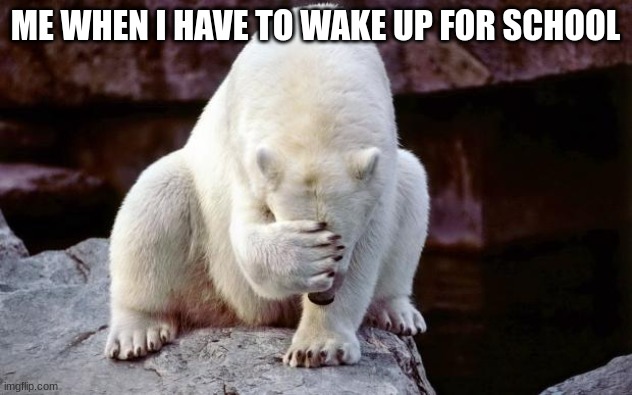 Horribly embarrassed polar bear | ME WHEN I HAVE TO WAKE UP FOR SCHOOL | image tagged in horribly embarrassed polar bear | made w/ Imgflip meme maker