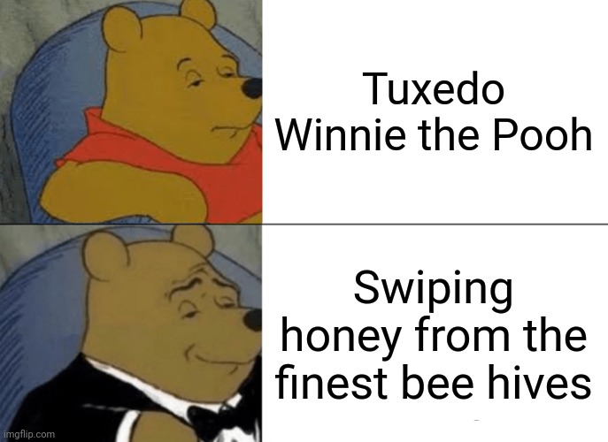 Tuxedo Winnie The Pooh | Tuxedo Winnie the Pooh; Swiping honey from the finest bee hives | image tagged in memes,tuxedo winnie the pooh,funny,winnie the pooh | made w/ Imgflip meme maker