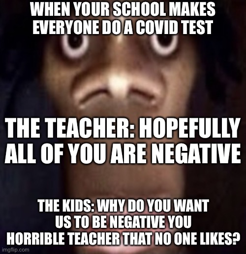 Covid Test | WHEN YOUR SCHOOL MAKES EVERYONE DO A COVID TEST; THE TEACHER: HOPEFULLY ALL OF YOU ARE NEGATIVE; THE KIDS: WHY DO YOU WANT US TO BE NEGATIVE YOU HORRIBLE TEACHER THAT NO ONE LIKES? | image tagged in quandale dingle,covid-19,covid,test,positive,negative | made w/ Imgflip meme maker
